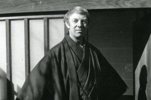 James Kirkup wearing a kimono