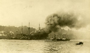 Postcard of Wellesley on fire photographed from South Shields.